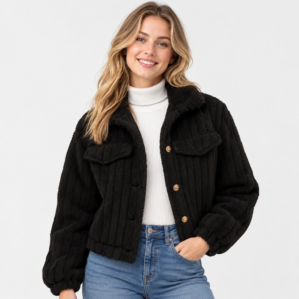 Old Ashworth | Women’s Cropped Teddy Jacket with Zip and Pockets