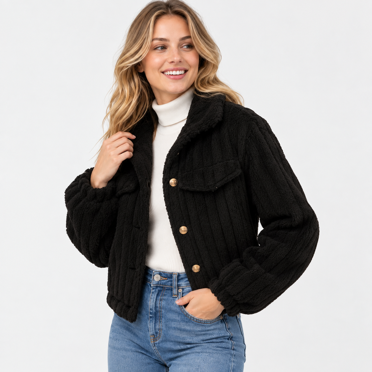 Old Ashworth | Women’s Cropped Teddy Jacket with Zip and Pockets