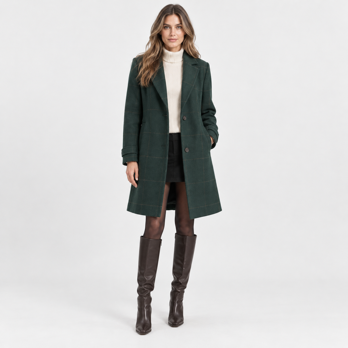 Old Ashworth | Women's Long Coat – Checked Smart Casual Style