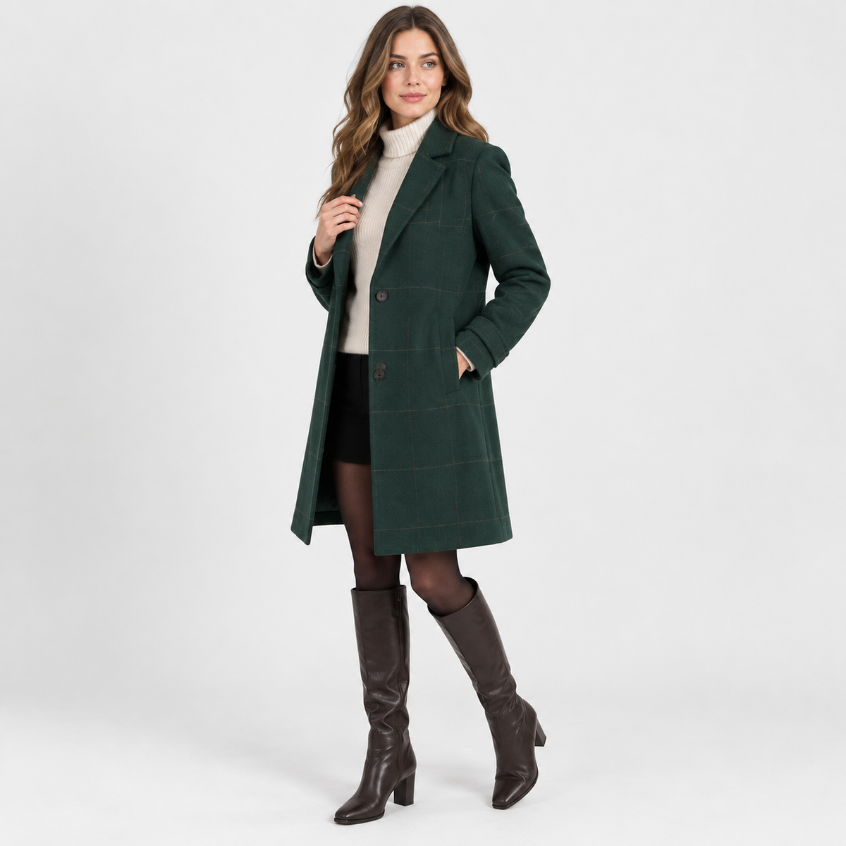 Old Ashworth | Women's Long Coat – Checked Smart Casual Style