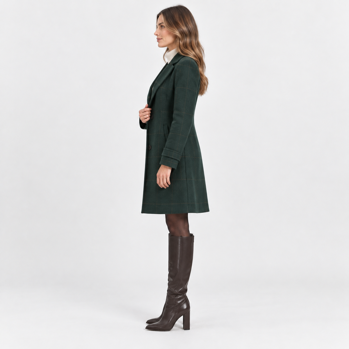 Old Ashworth | Women's Long Coat – Checked Smart Casual Style