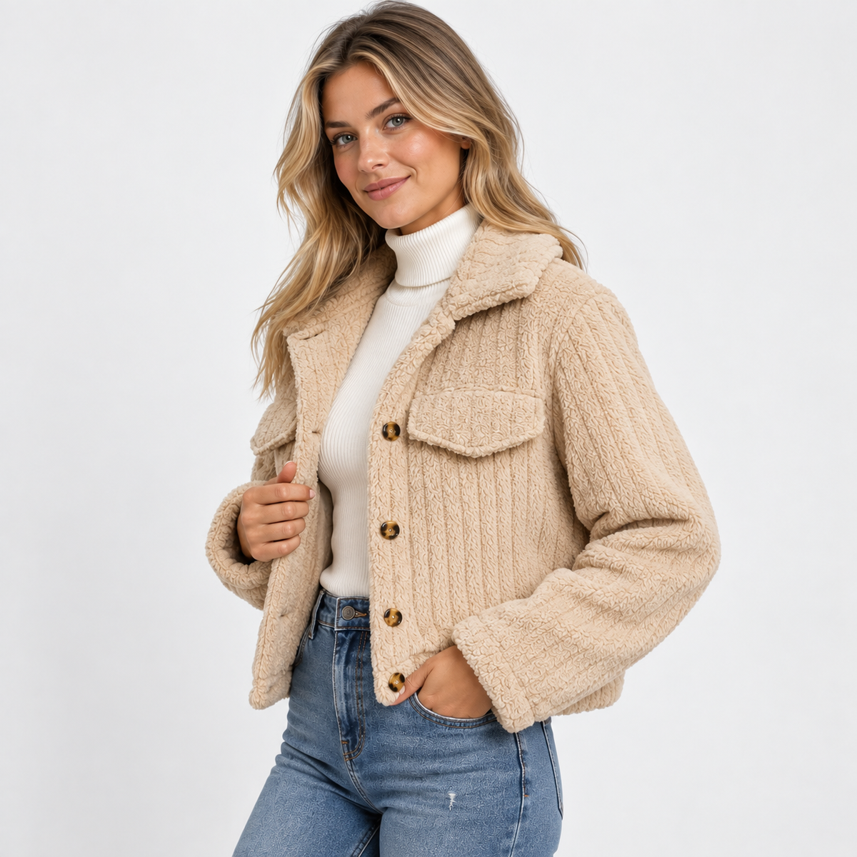 Old Ashworth | Women’s Cropped Teddy Jacket with Zip and Pockets