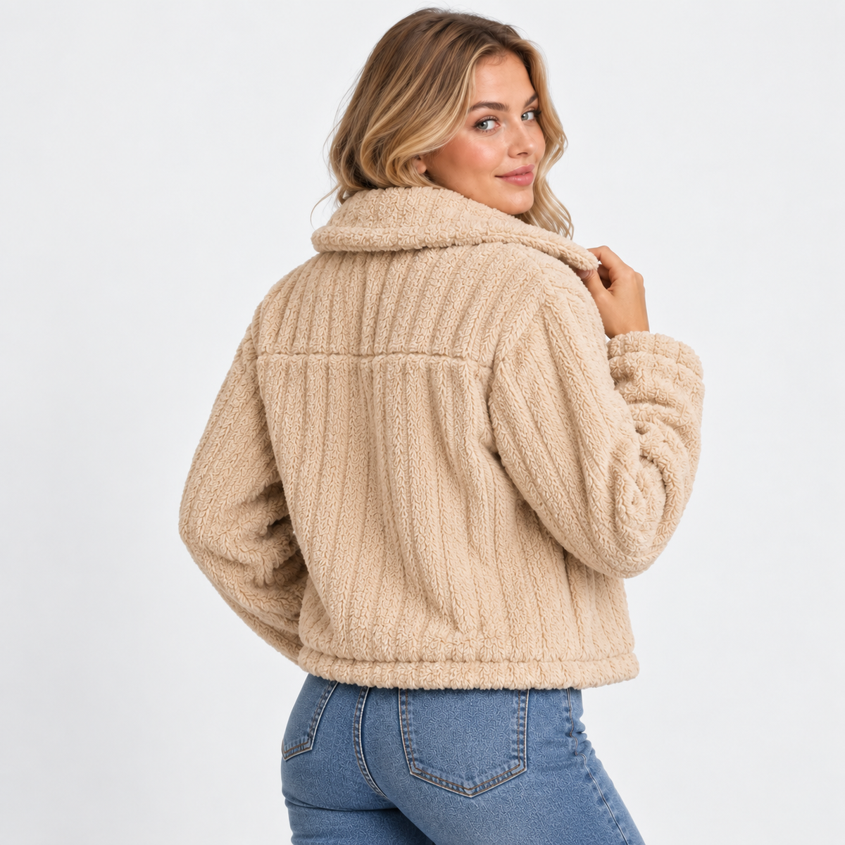 Old Ashworth | Women’s Cropped Teddy Jacket with Zip and Pockets